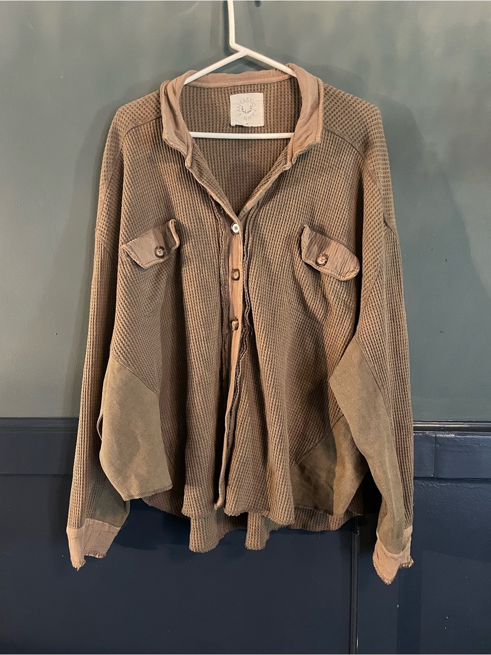 Fantastic Fawn oversized mixed-media shacket jacket featuring a prominent waffle